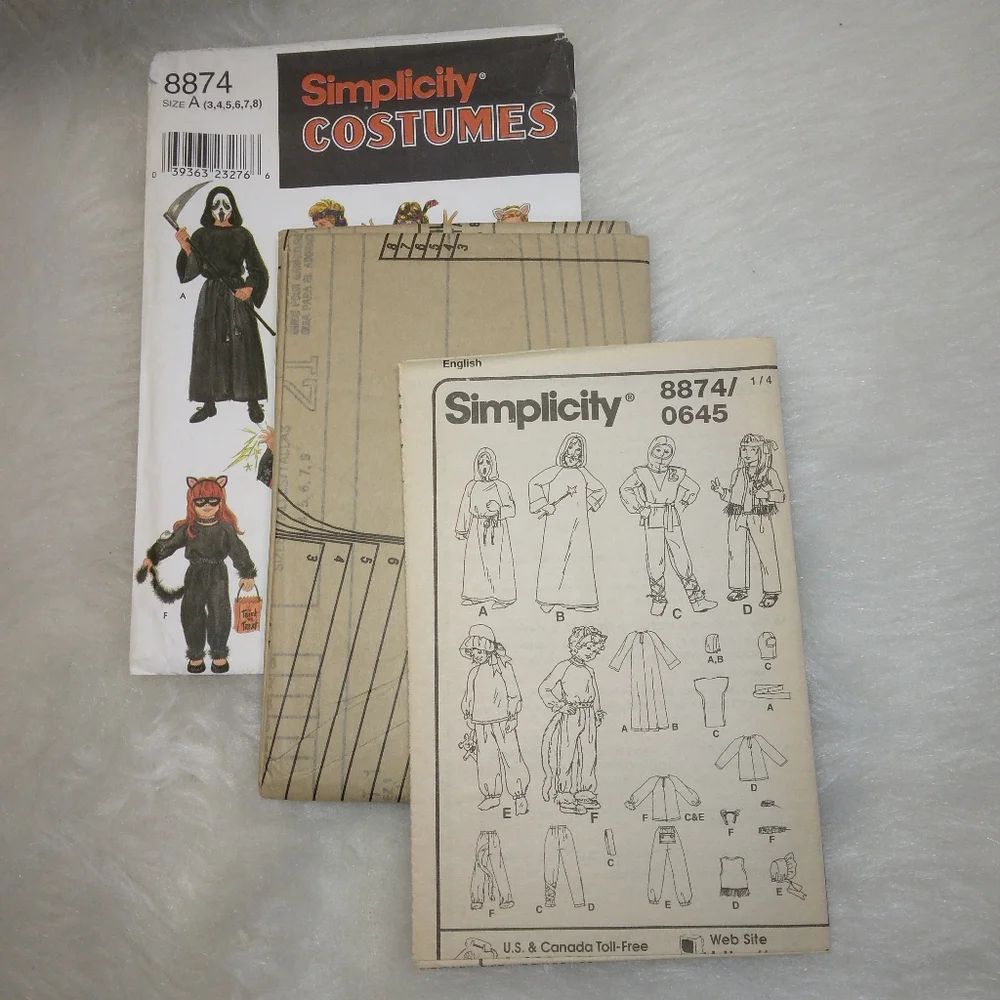 SIMPLICITY 8874 Sz 3-8 Collection of fun costumes: ninja cat reaper wizard hippi